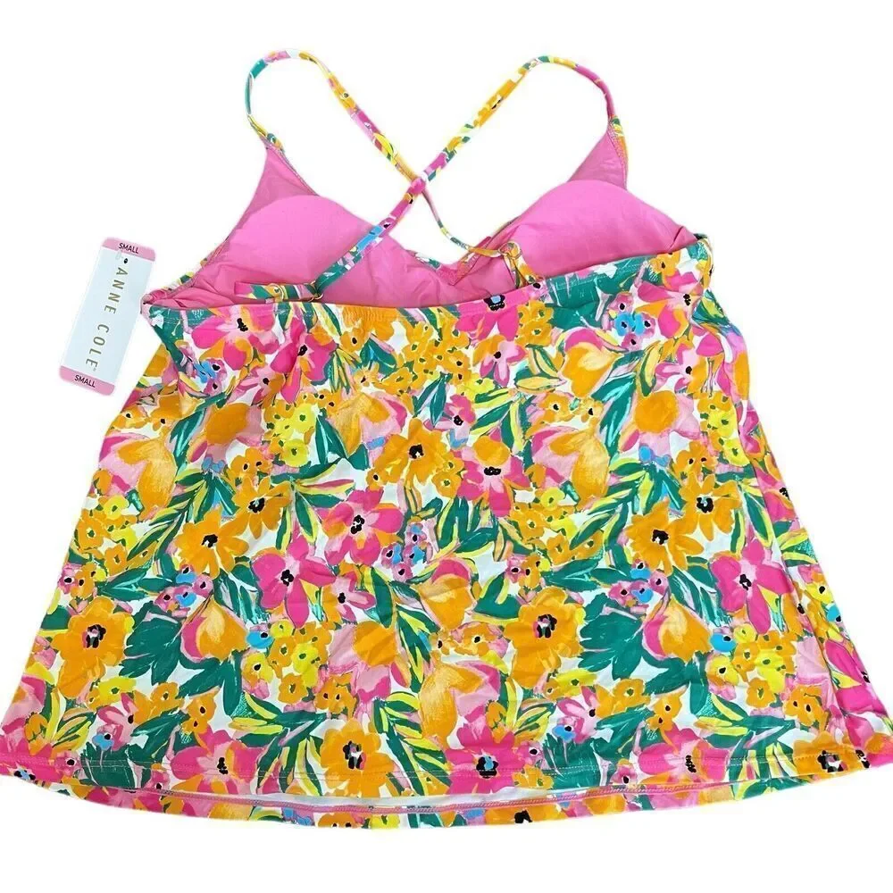 Anne Cole Pink Orange Floral Tankini Top Size Small NWT Spaghetti Strap